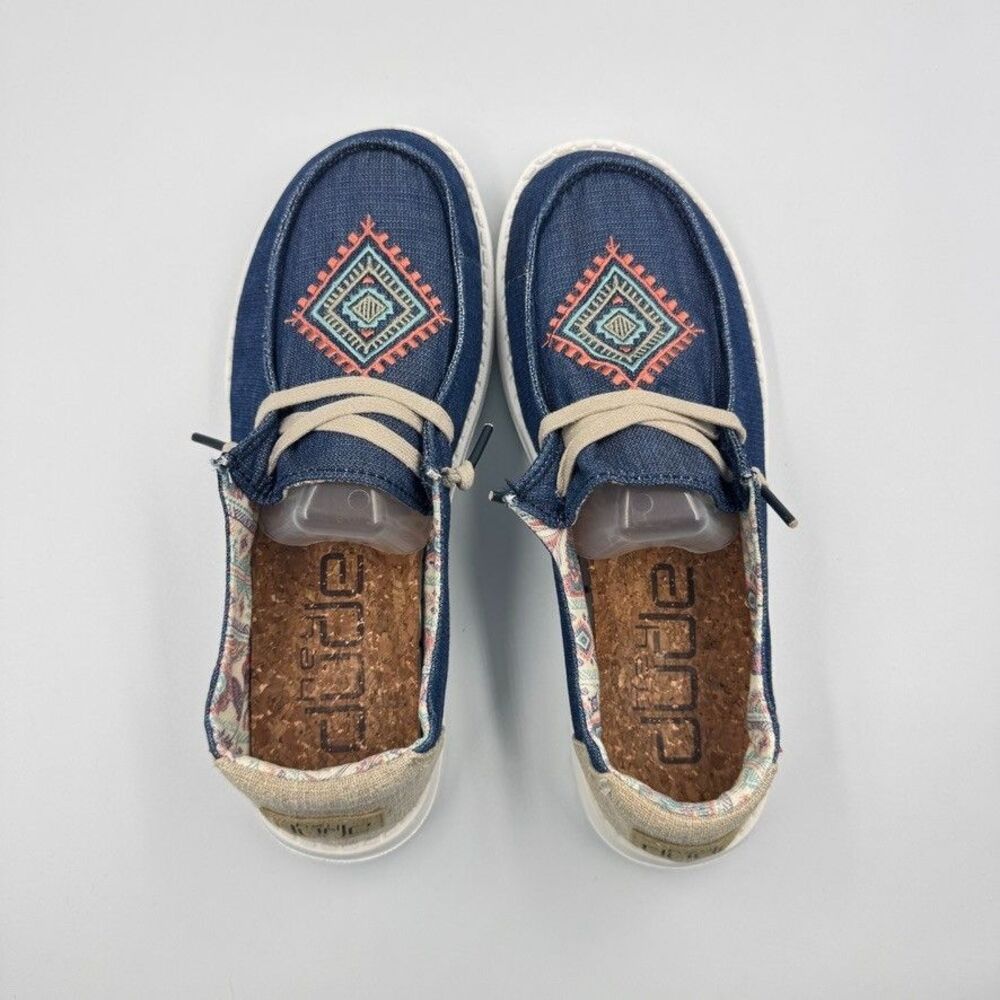 Hey Dude Womens 7 Wendy Boho Ocean Blue Denim Embroidered Slip On Loafers